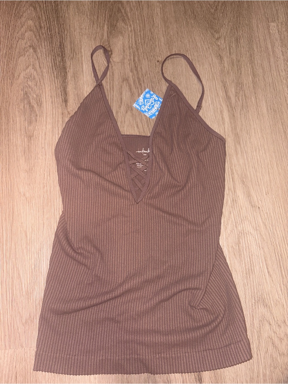 FREEPEOPLE Ribbed Brown Spaghetti Strap Tank with Lace-Up V-Neck